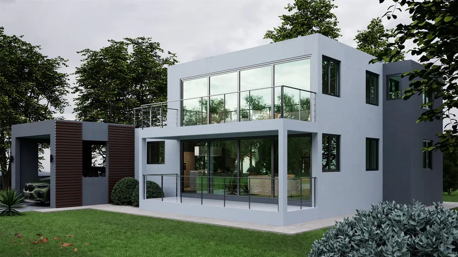 Photorealistic render of a glass-walled residence, highlighting reflections across its façade.